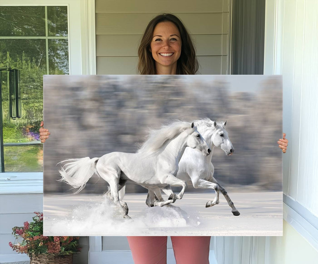 Museum-quality All The White Horses canvas print of two white horses in snow, ready to hang.