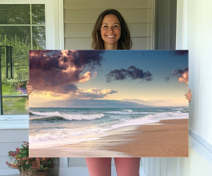 The dining area is enhanced with the Cloudy Weather Beach Sunset Canvas Print.