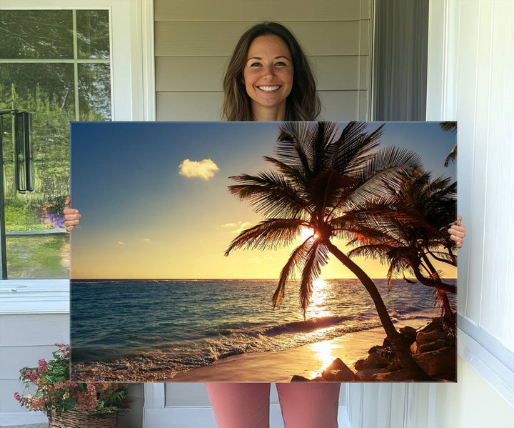 Sunset Palm Trees Wall Art Canvas Print: a serene beach scene on museum-quality canvas.