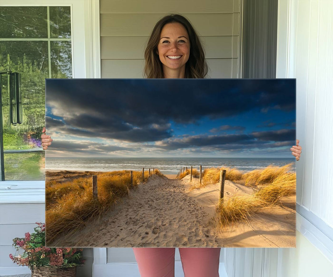 Museum-quality Ocean Beach Dark Clouds canvas print.