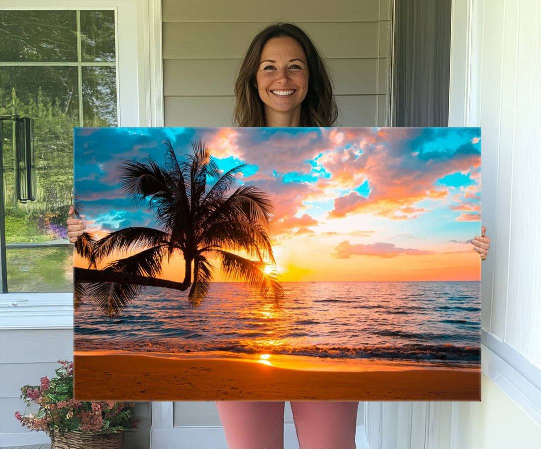 The Palm Tree Sunset On The Beach ready-to-hang canvas wall art—museum quality—brings a serene atmosphere to the room.