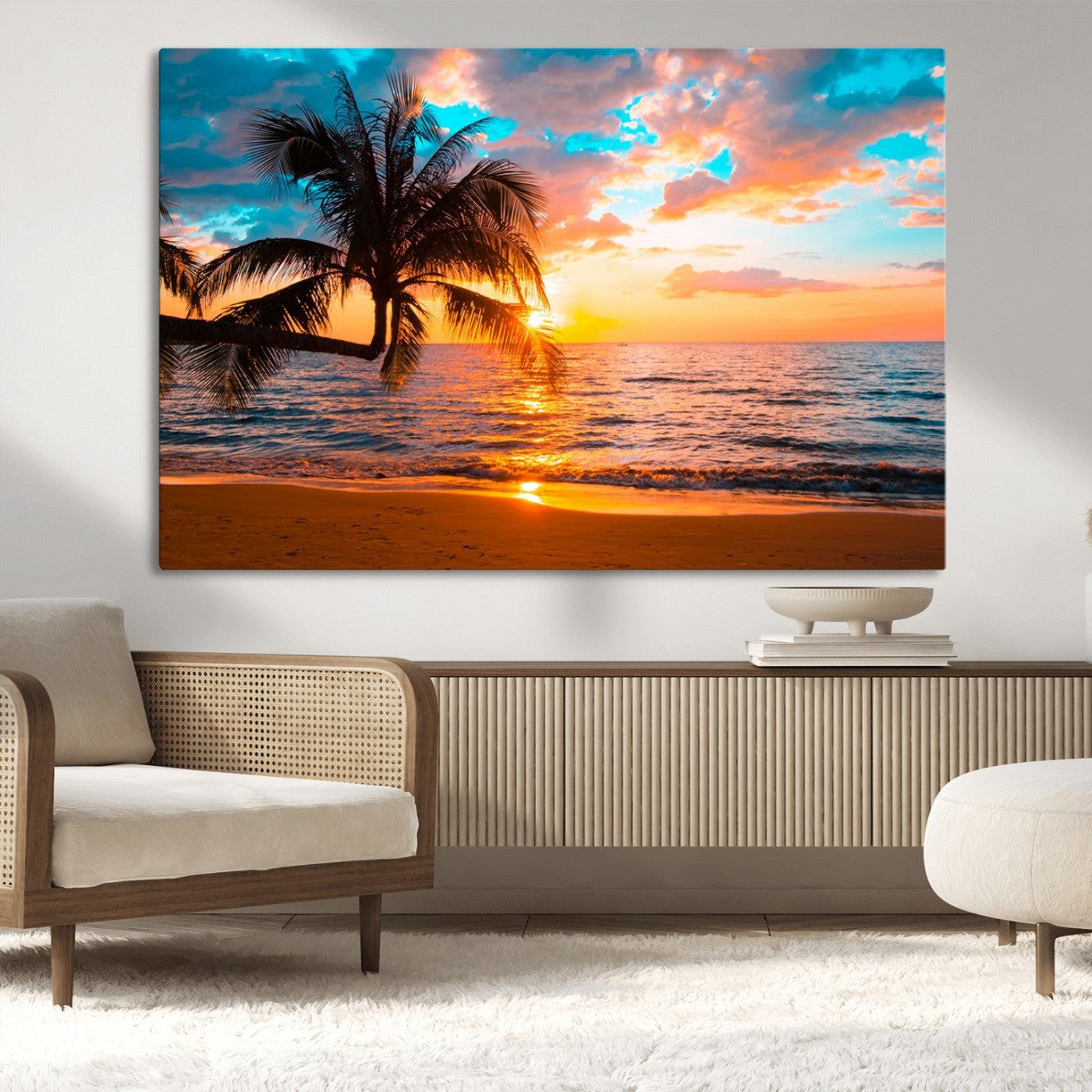 -Palm Tree Sunset On The Beach Wall Art Canvas, Framed Palm Tree Sunset Canvas Print