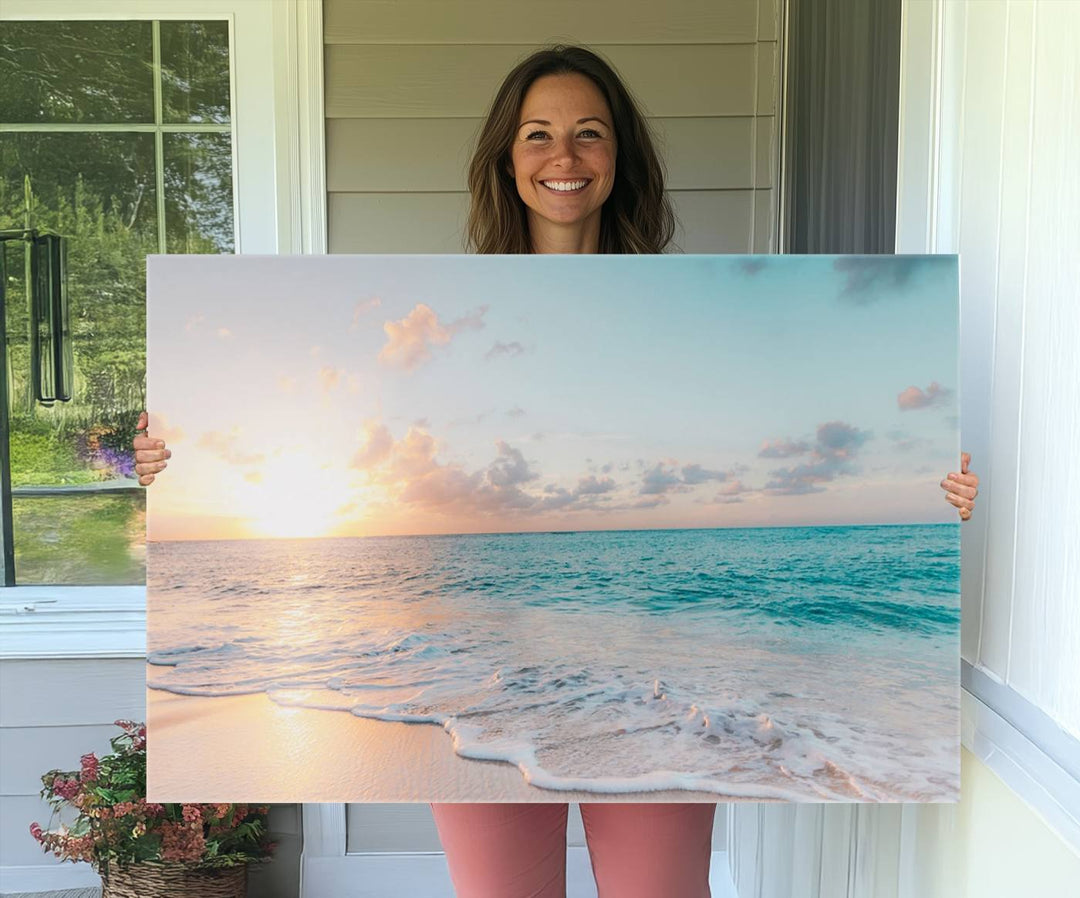 The room features a 3-panel Tranquil Ocean Beach Sunset Canvas Wall Art.