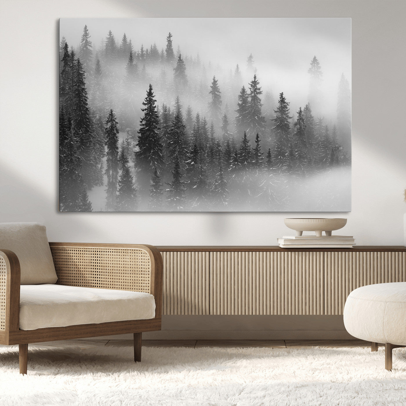 MGV-CV-36X24 - Black and White Forest Wall Art Print – Misty Pine Tree Canvas Print – Winter Woodland Nature Artwork – Perfect for Minimalist Home Decor