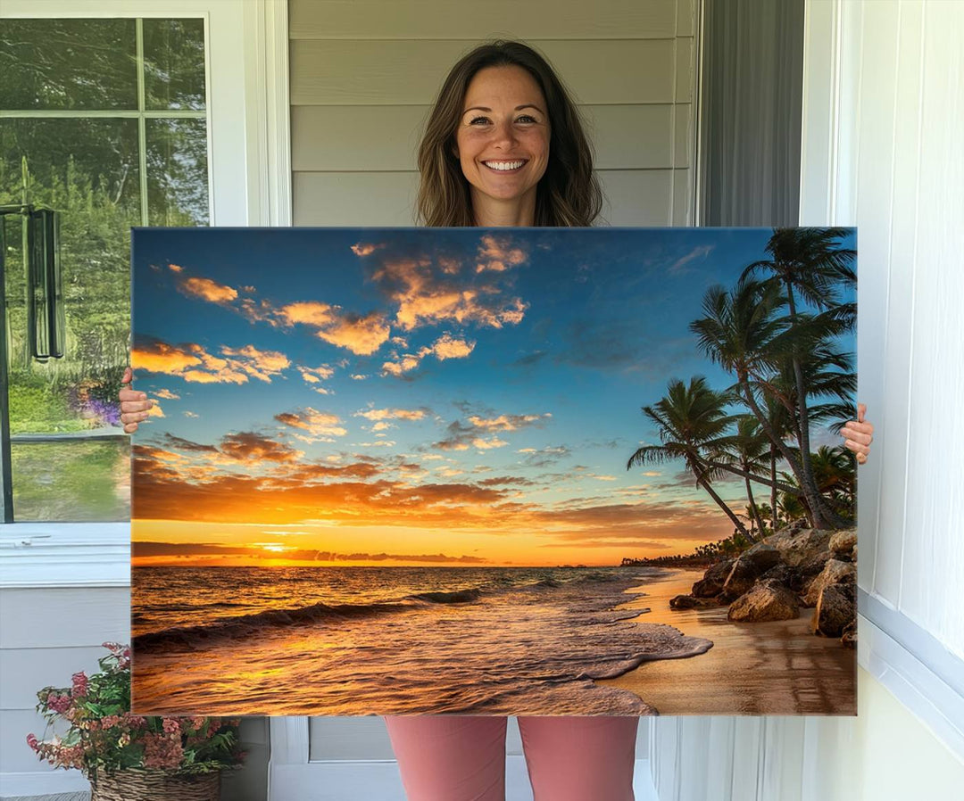 A stunning beach sunset on a museum-quality Sunset Wall Art Canvas Print adorns the kitchen wall.