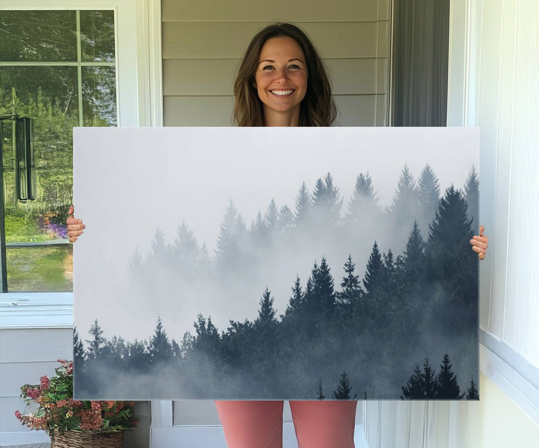 A large Foggy Pine Forest Wall Art Canvas Print.