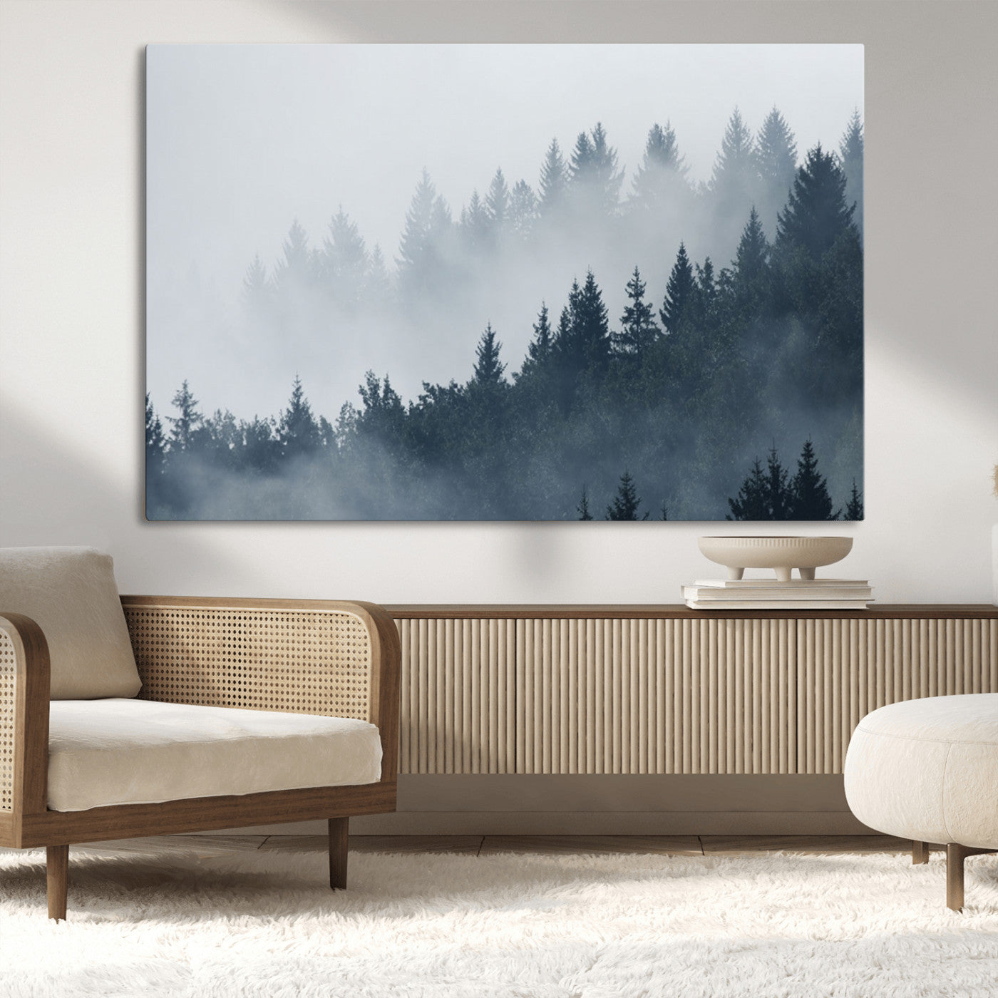 MGV-CV-36X24 - Misty Forest Wall Art Print – Foggy Pine Tree Canvas Print – Dark Woodland Nature Artwork – Perfect for Minimalist and Modern Home Decor