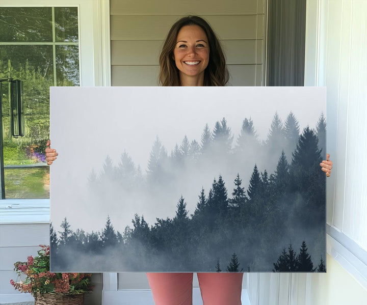 A large Foggy Pine Forest Wall Art Canvas Print.