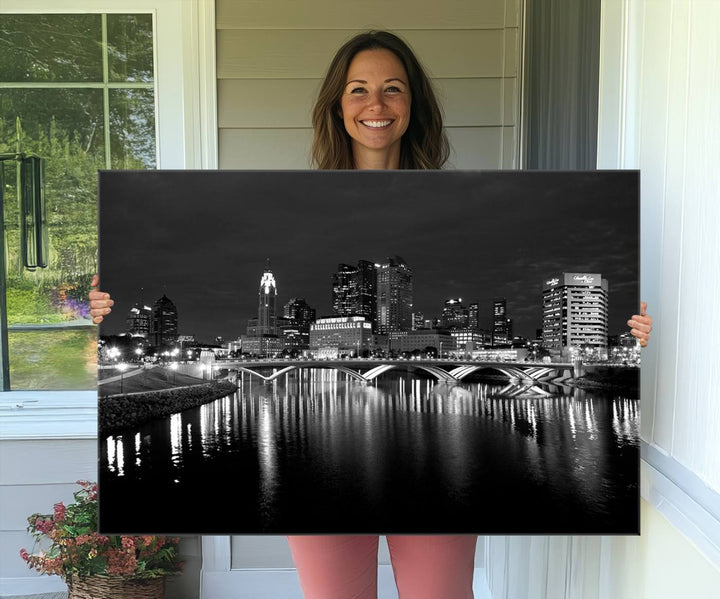 Columbus City Lights Skyline canvas print in black and white, featuring museum-quality craftsmanship and free shipping.