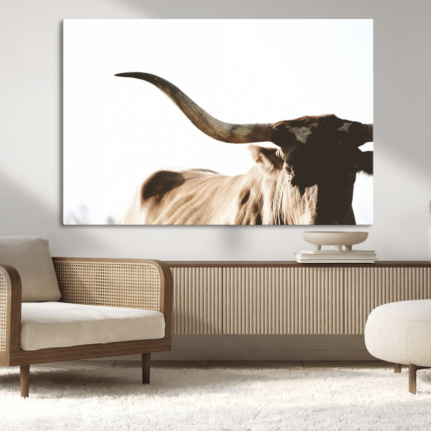MGV-CV-36X24 - Texas Longhorn Wall Art Canvas Print | 3-Panel Large Longhorn Canvas Print for Living Room, Framed Gallery Wrap Office, Rustic Western Cowboy Decor