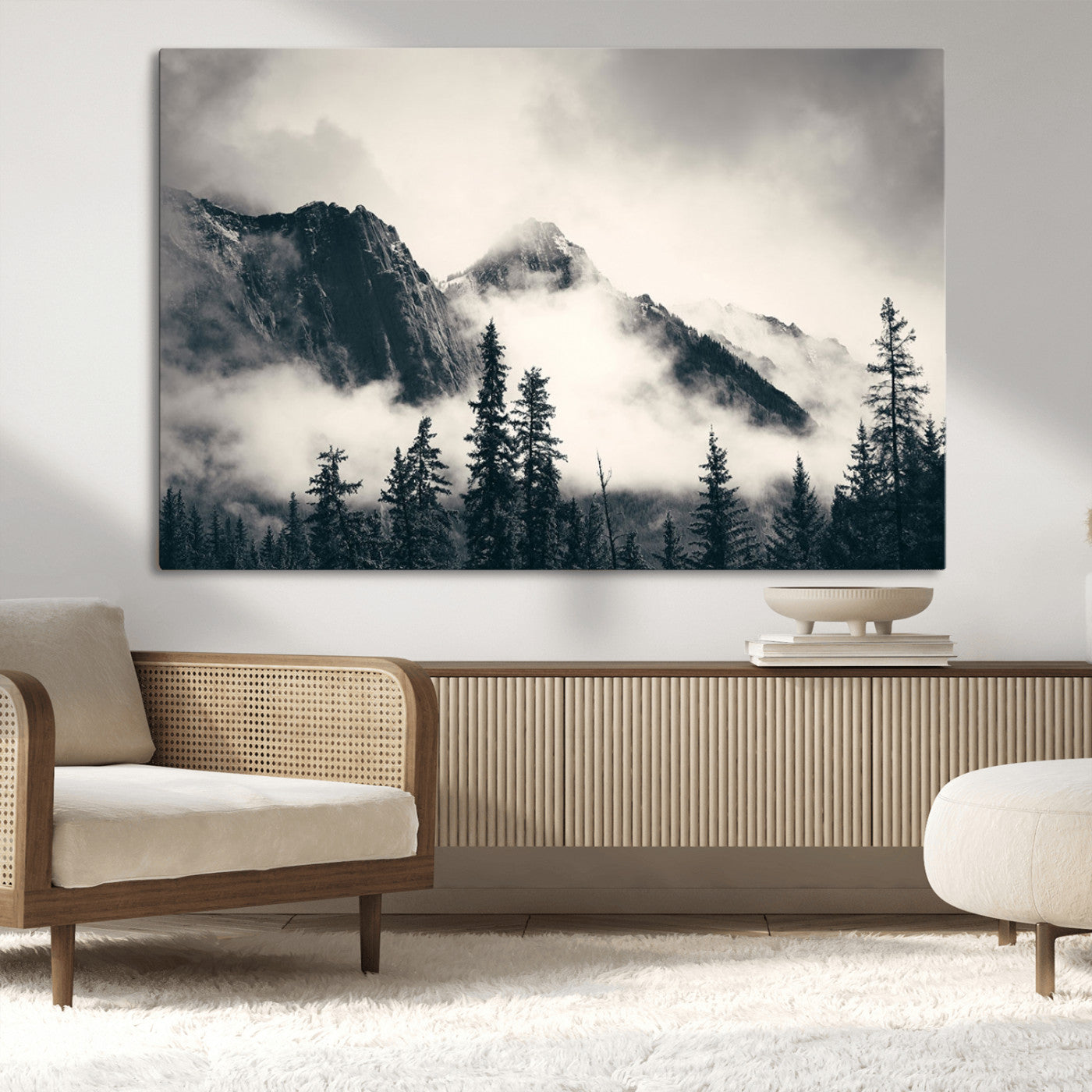 MGV-CV-36X24 - Large Foggy Mountain Forest Wall Art Canvas Print | Misty Mountain Peaks and Pine Trees Print | Framed Gallery Wrap | Rustic Nature Farmhouse Decor