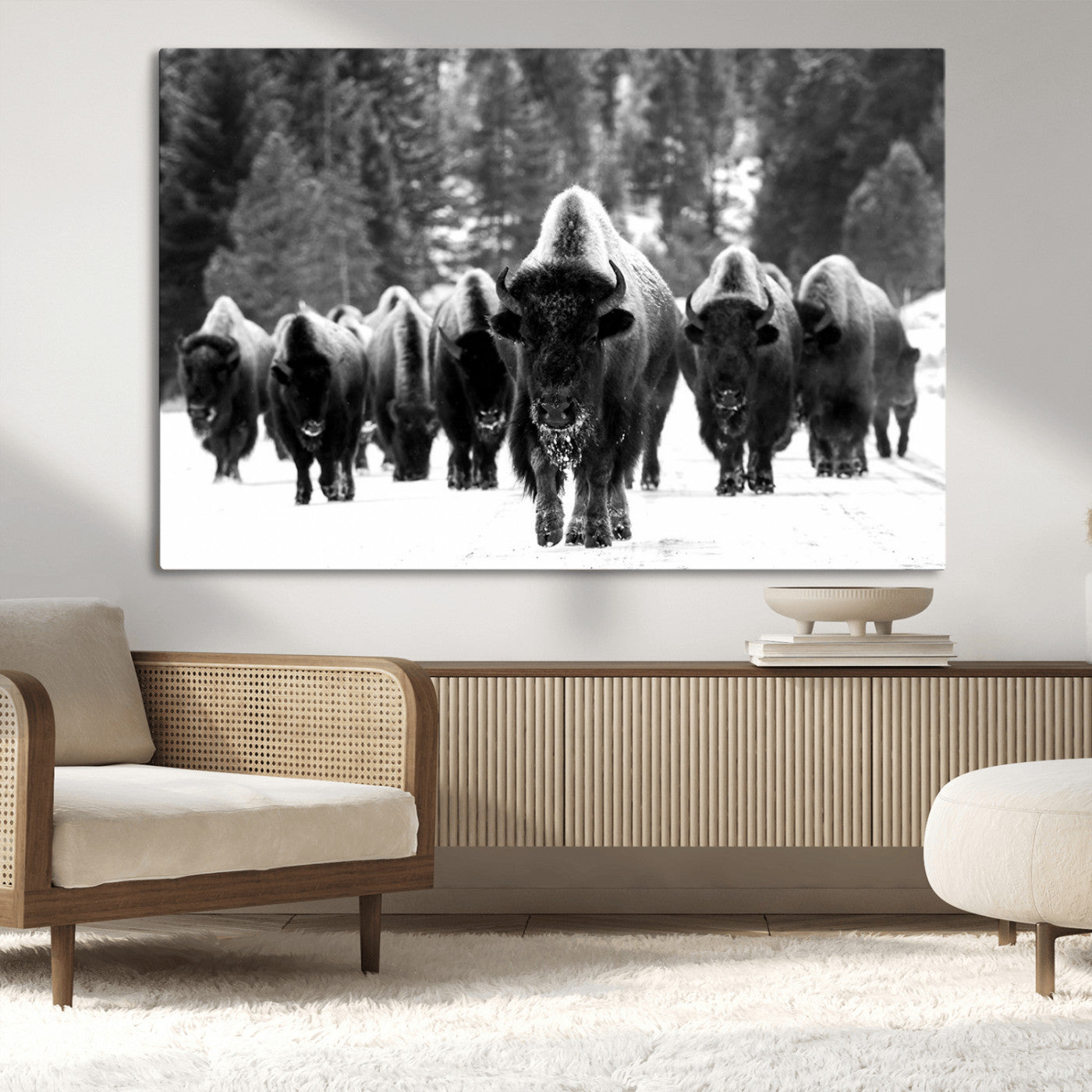 MGV-CV-36X24 - Bison Herd in Snow Wall Art Canvas Print | Rustic Western Bison Wall Art for Decor for Living Room, Office, and Farmhouse Decor | Framed Large Bison Giclee Canvas Print