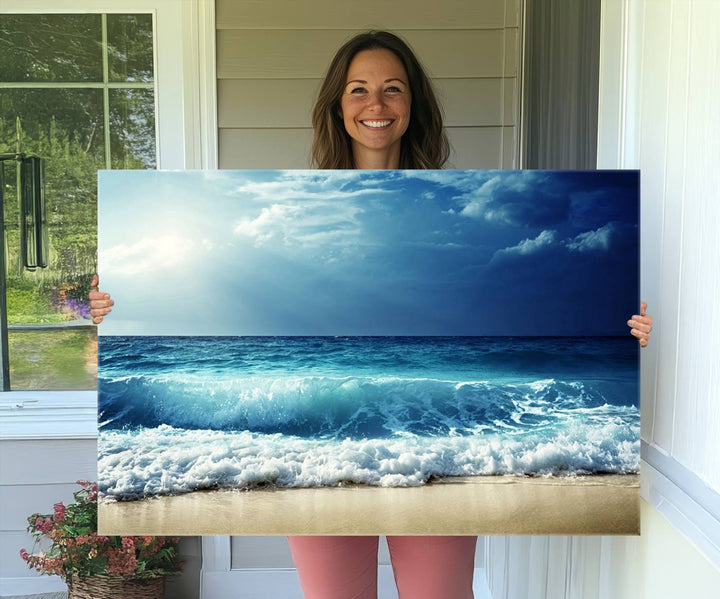 The Majestic Ocean Wave Wall Art Canvas, a 3-panel seascape print, is featured prominently.