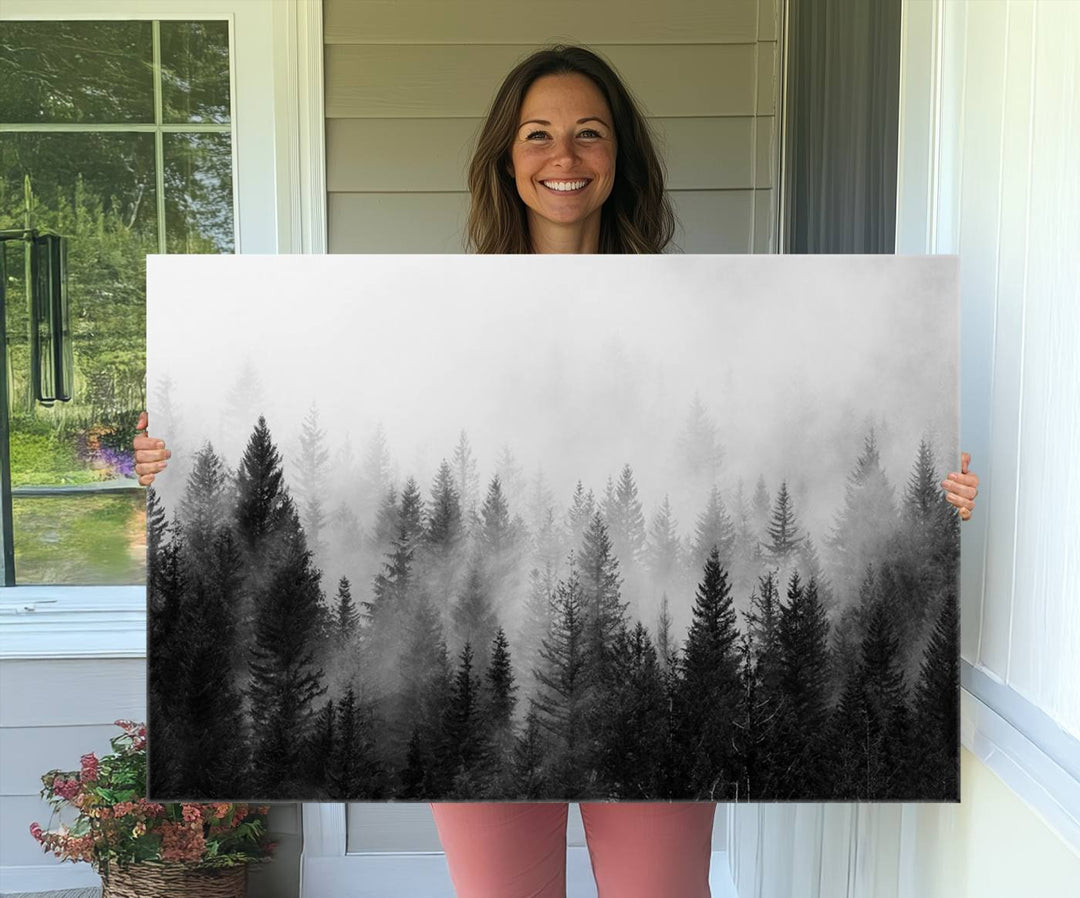 Fogy Forest Canvas Art features misty pines and a mountain landscape.