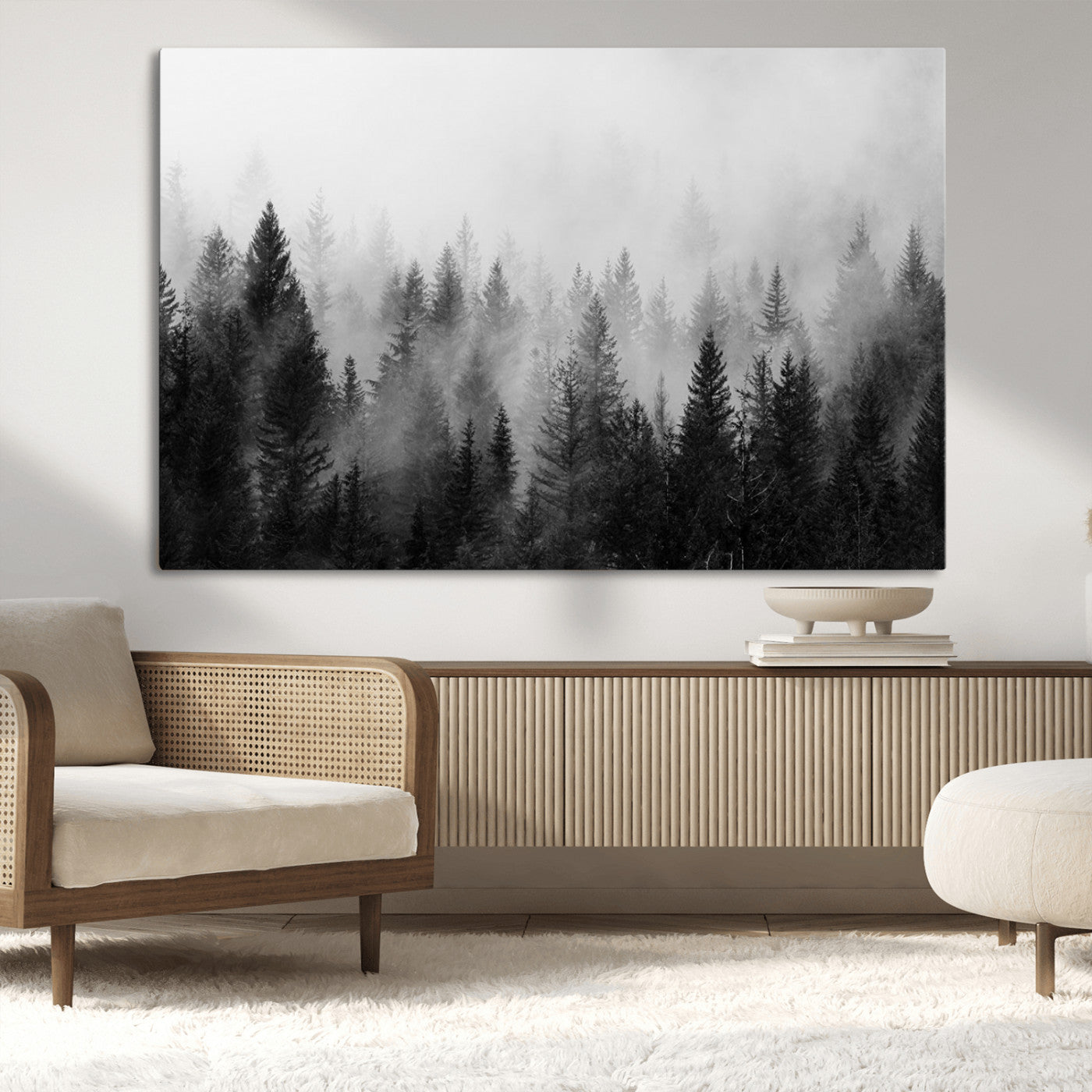 MGV-CV-36X24 - Foggy Black and White Forest Wall Art, 3 Panel Misty Pine Trees Canvas Print for Living Room, Office, or Bedroom, Nature-Inspired Woodland Wall Decor
