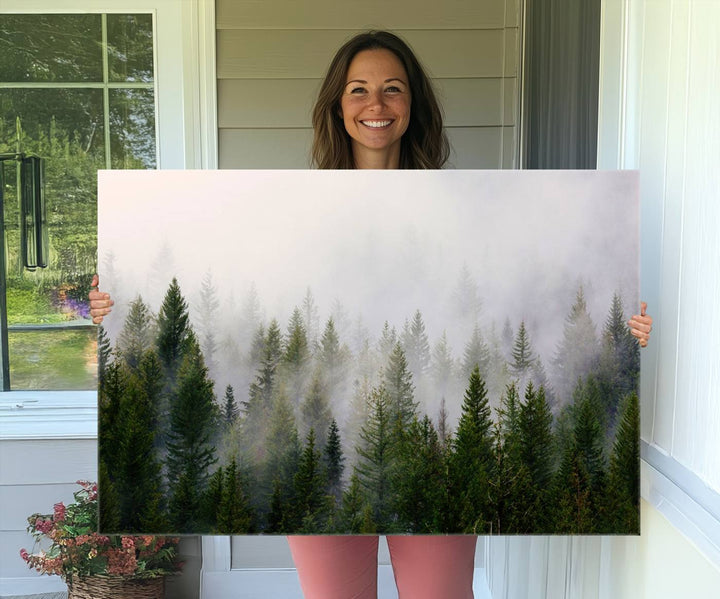 A serene, foggy evergreen forest creates a mysterious atmosphere, ideal for premium canvas wall art.