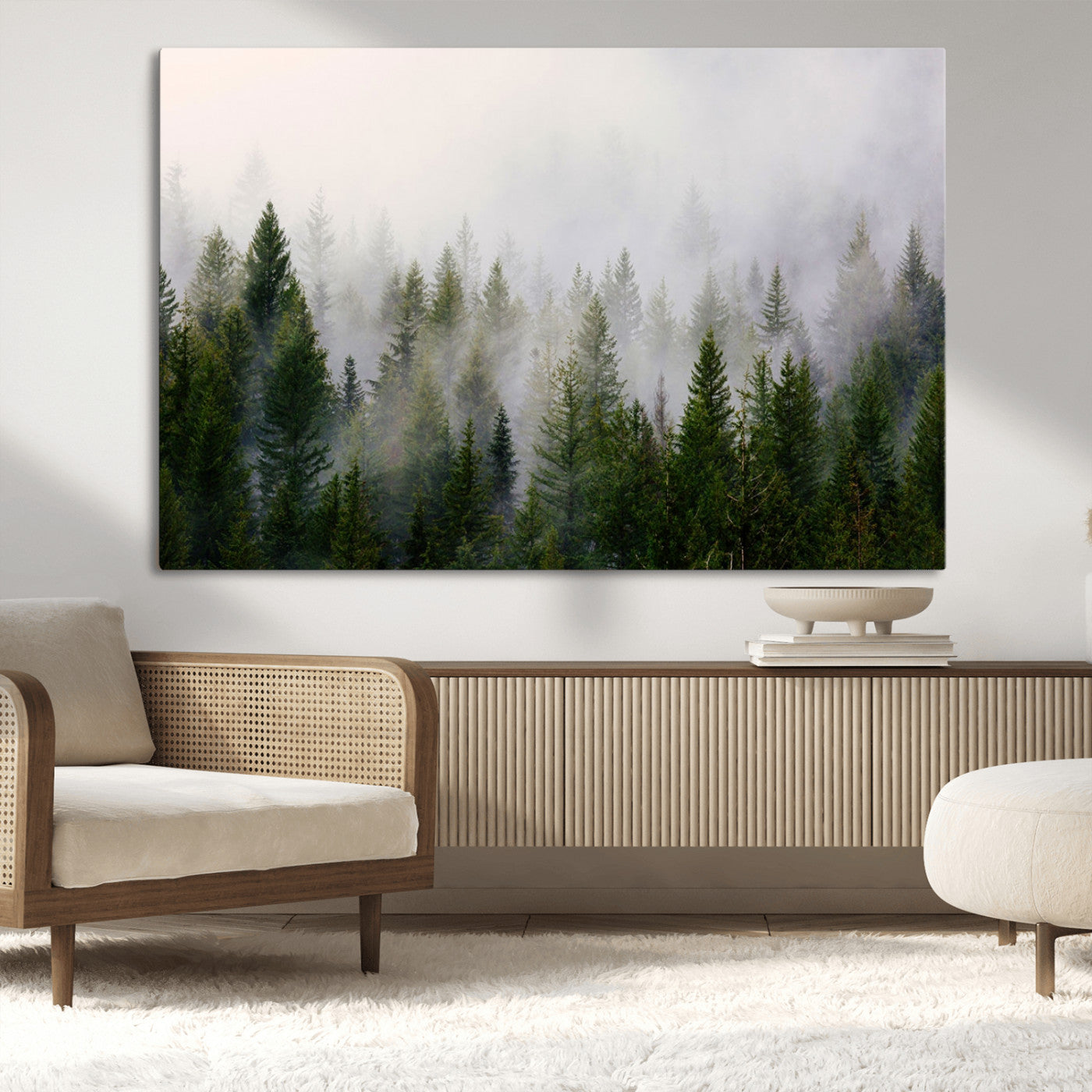 MGV-CV-36X24 - Misty Pine Forest Wall Art Canvas Print | 3 Panel Green Woodland Canvas Print for Living Room, Office, or Dining Room | Nature Foggy Forest Decor