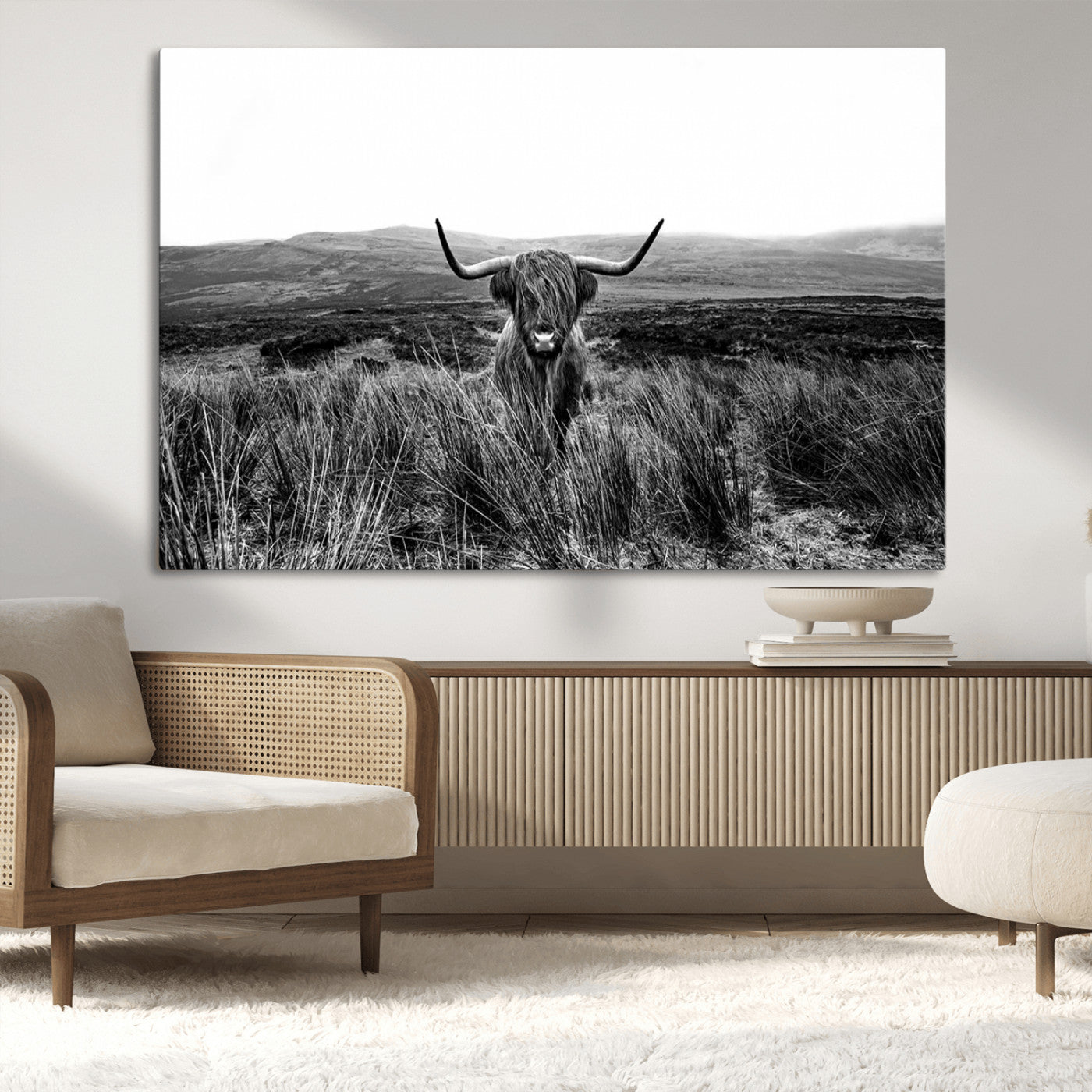 MGV-CV-36X24 - Black and White Highland Cow Canvas Wall Art, Longhorn Triptych Western Decor for Cabin - Farmhouse Wall Decor