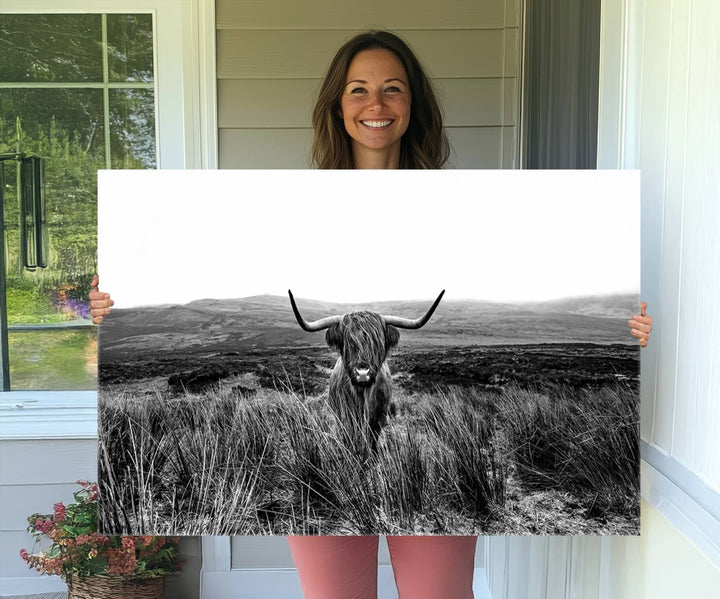 Dining room featuring a Black and White Highland Cow Canvas for a Western-themed decor.