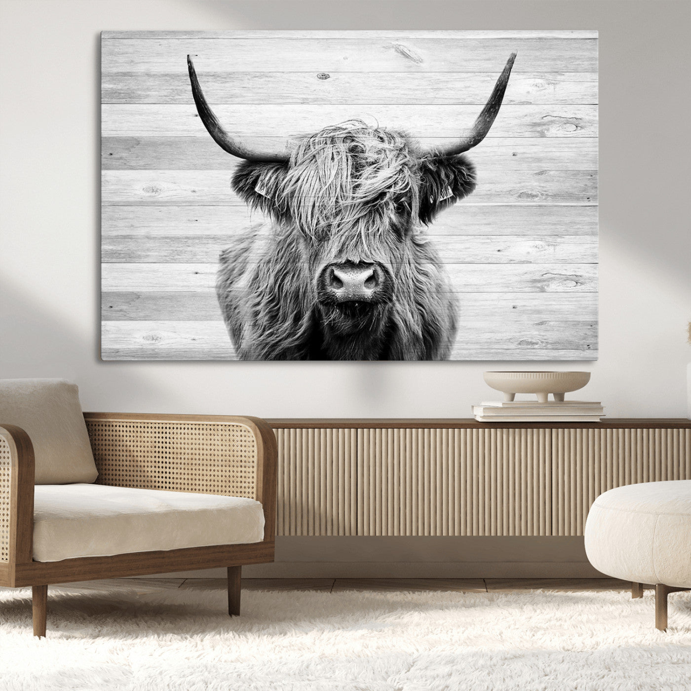 MGV-CV-36X24 - Scottish Highland Cow Cattle Art Print on Wood Background Style