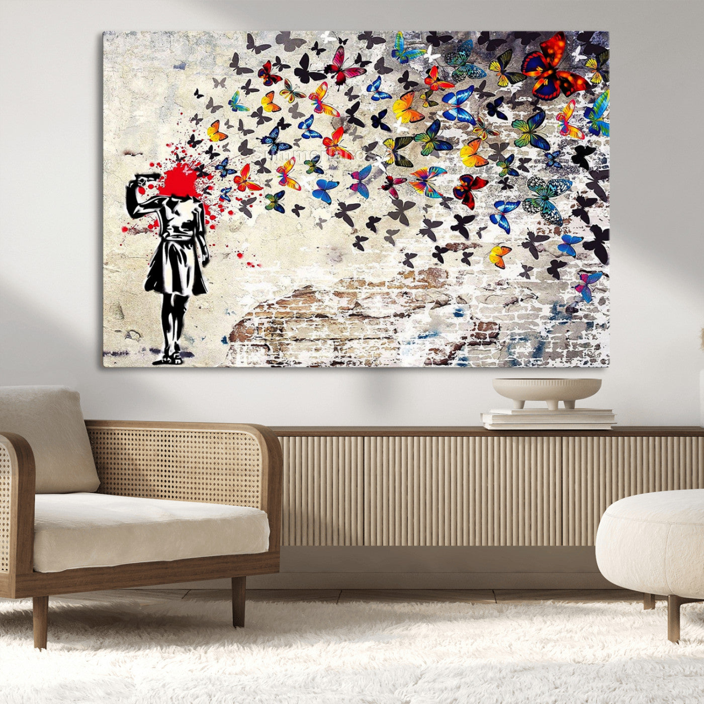 MGV-CV-36X24 - Banksy Art Butterfly Girl Explosion Canvas Art – Vibrant Urban Graffiti for Modern Interiors - Ready to Hang