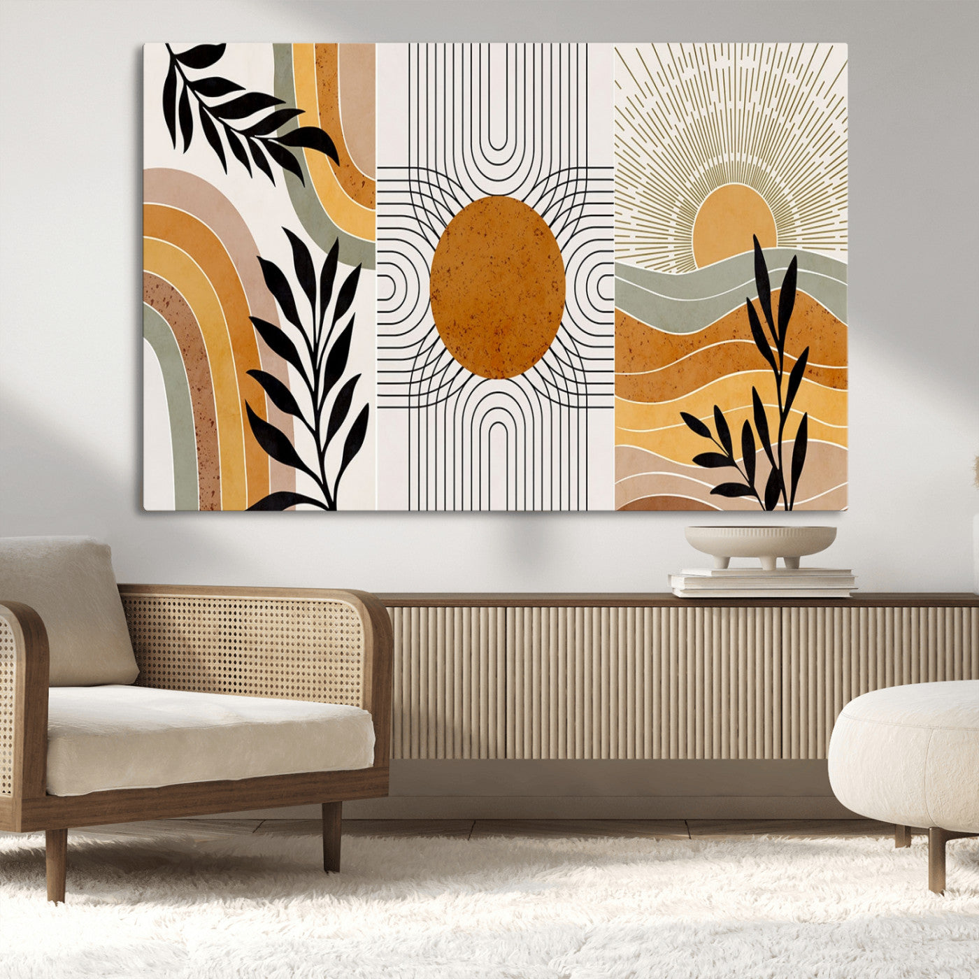 MGV-CV-36X24 - Modern Boho Sun and Leaf Abstract Art – 3-Panel Giclée Canvas for Mid-Century Modern or Bohemian Wall Decor