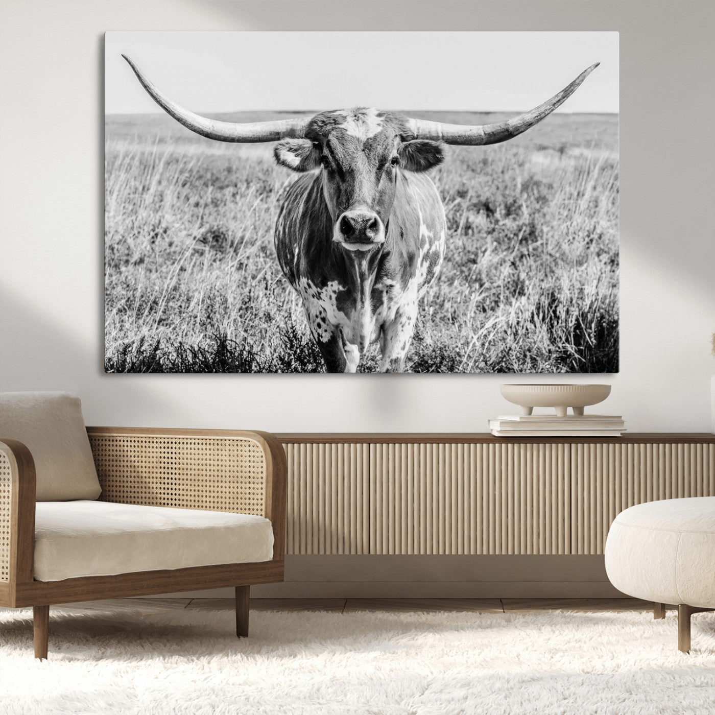 MGV-CV-36X24 - Texas Cow Longhorn Wall Art Canvas Print for Farm House Wall Decor, Farmhouse Wall Art Print