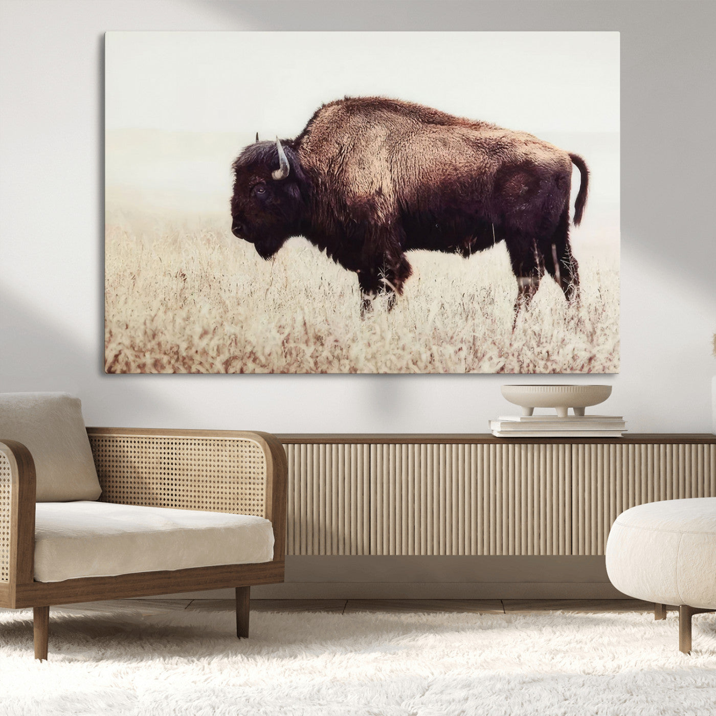 MGV-CV-36X24 - Bison in Field Wall Art Canvas Print For Farmhouse Barn Decor