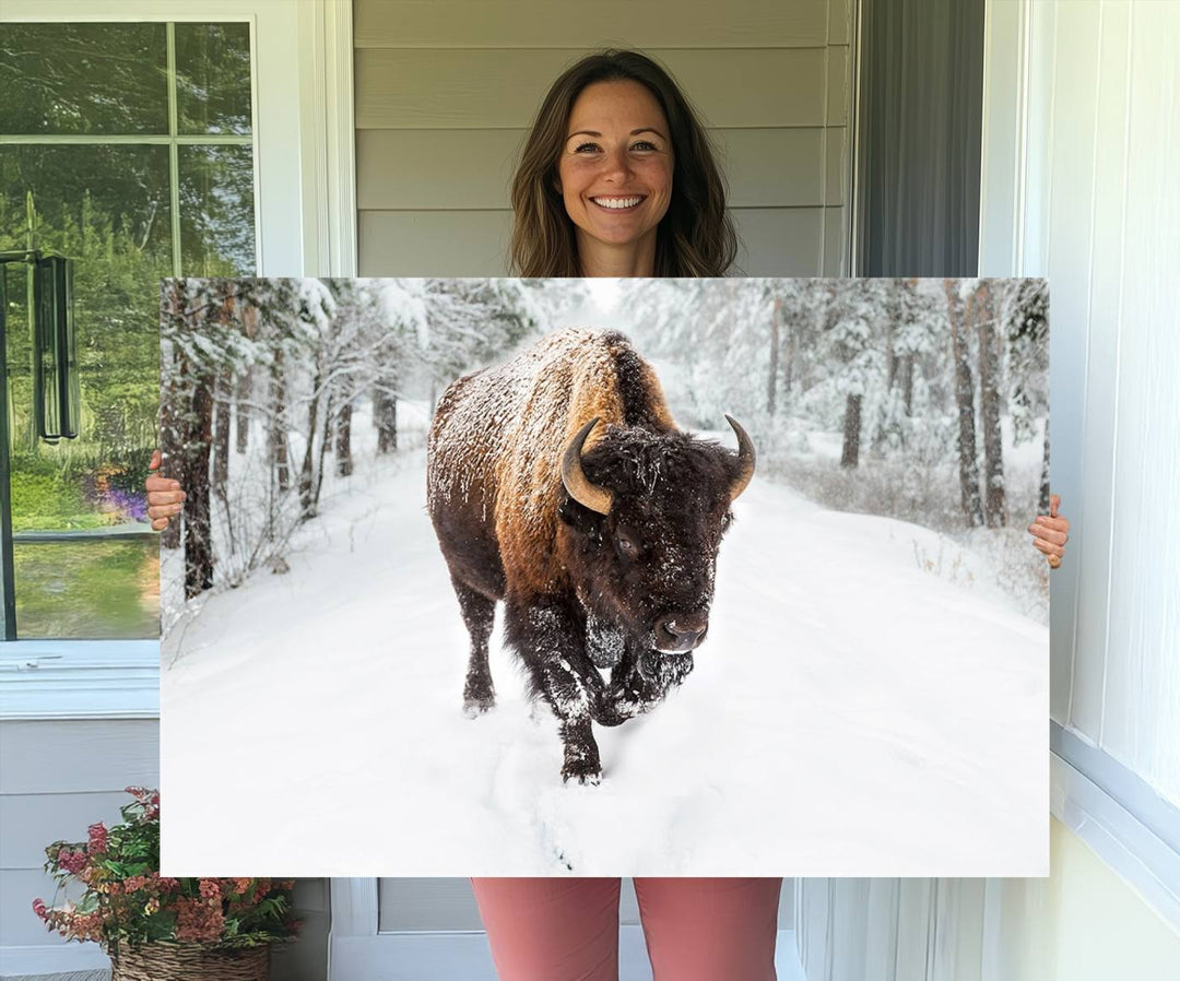 The dining area showcases the Bison Wall Art Canvas Print for Farmhouse.