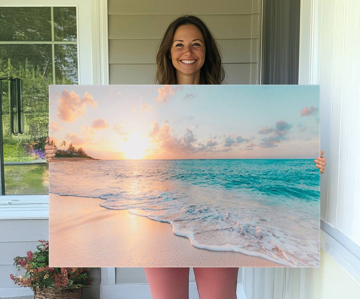 The kitchen features the Beach Sunrise Wall Art, Coastal Sunset Beach Scene.