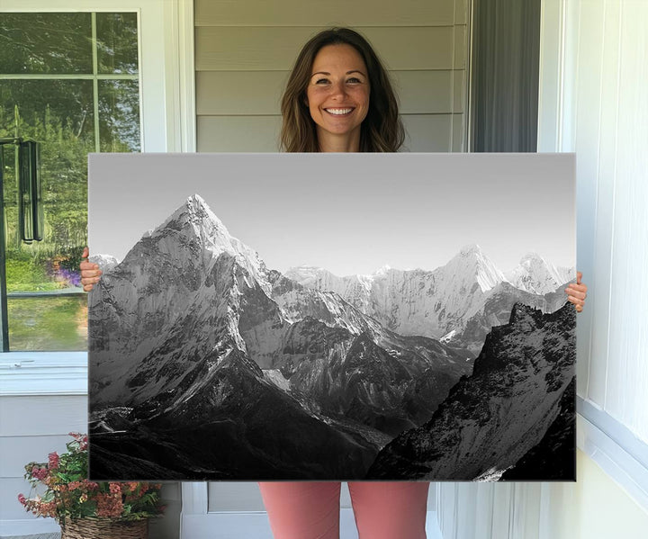 Everest Himalaya Mountain Peaks Black & White Triptych Canvas Art – Mountain Wall Decor for Minimalist Interiors