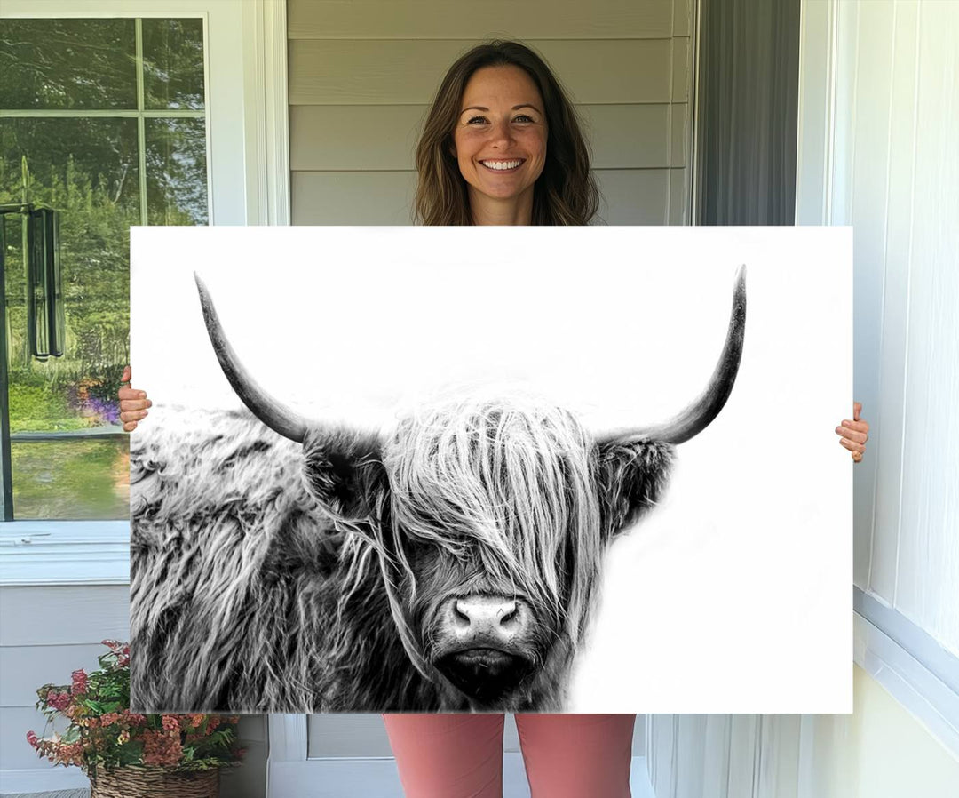 Framed Black and White Scottish Highland Cow Art Print.