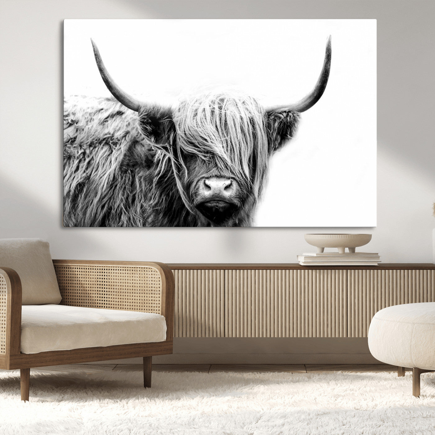 MGV-CV-36X24 - Black White Scottish Highland Cow Cattle Art Print Farmhouse Wall Art Canvas Print