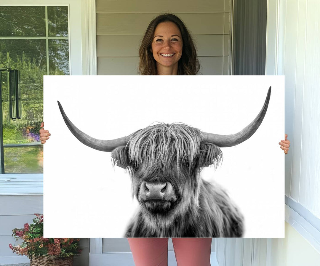 The Grayscale Scottish Highland Cow canvas is a museum-quality piece perfect for your dining room. Enjoy free shipping on this stunning artwork!.