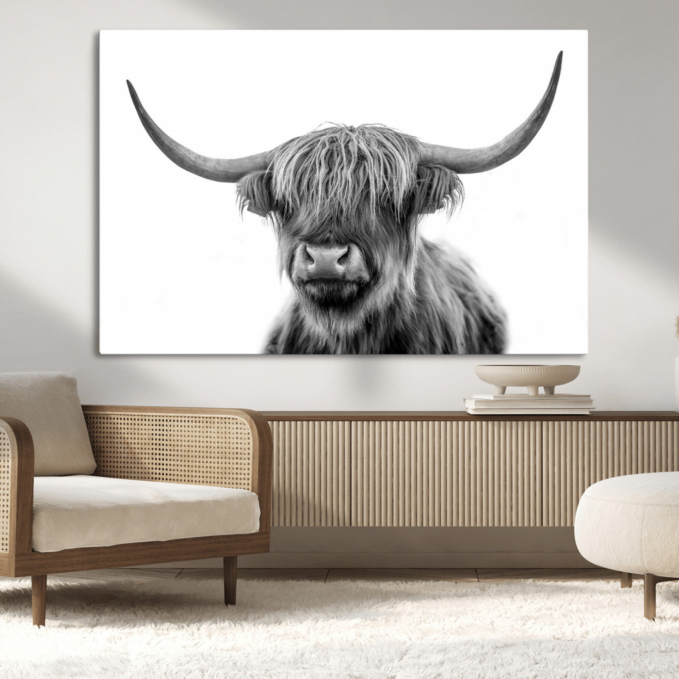 MGV-CV-36X24 - Grayscale Scottish Highland Cow Cattle Art Print Farmhouse Wall Art Canvas Print