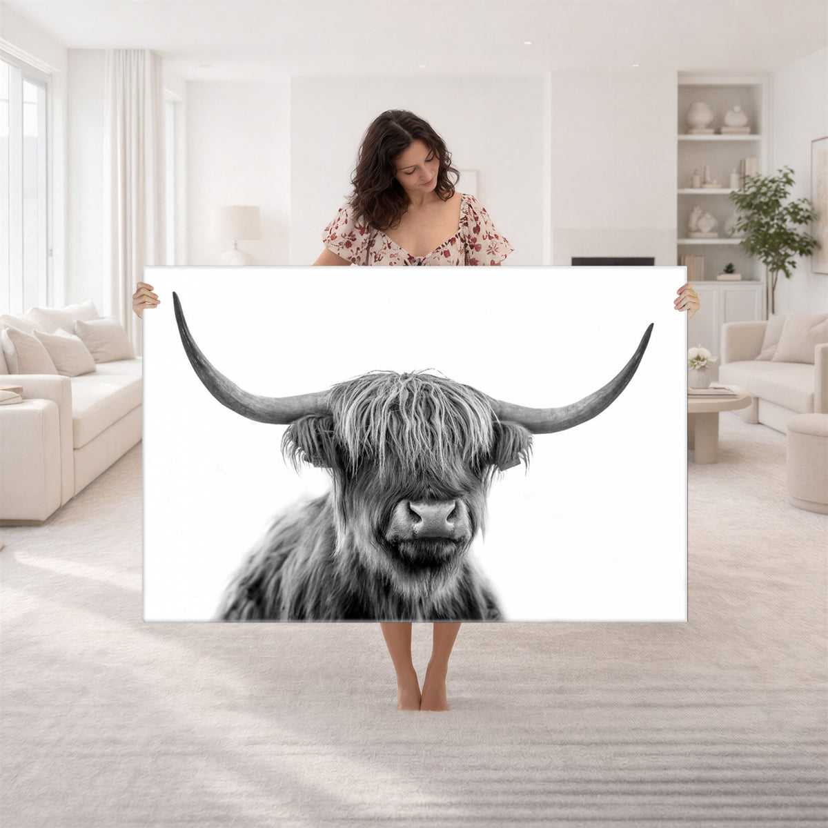 75503-_Poster-30x20 - Scottish Highland Cow Cattle Art Print Wall Art Canvas Print for Farmhouse Decor, Framed Scottish