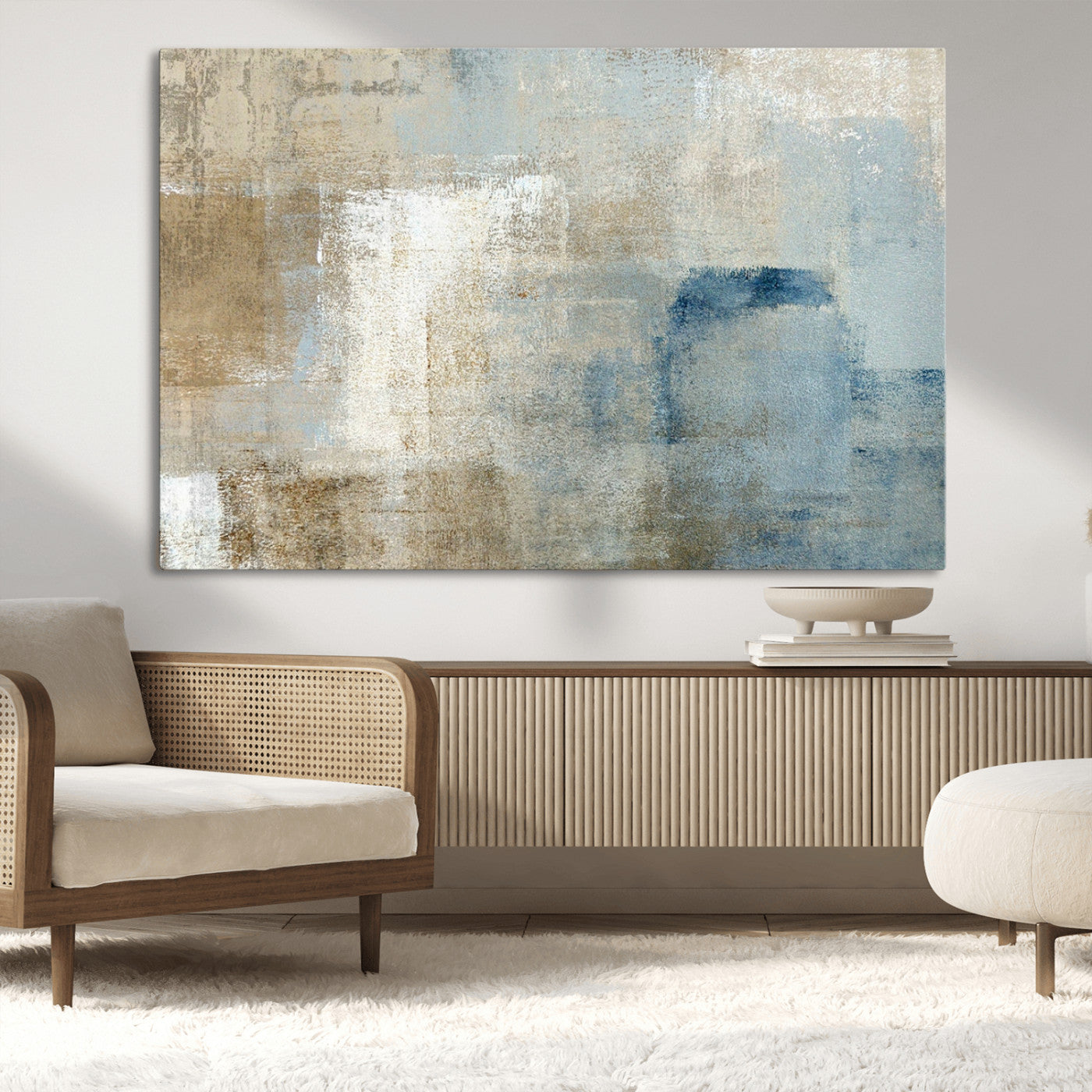 MGV-CV-36X24 - Abstract Blue and Beige Wall Art, Modern Minimalist Canvas Print Set, Giclee Textured Art, Large Multi-Panel Artwork for Living Room