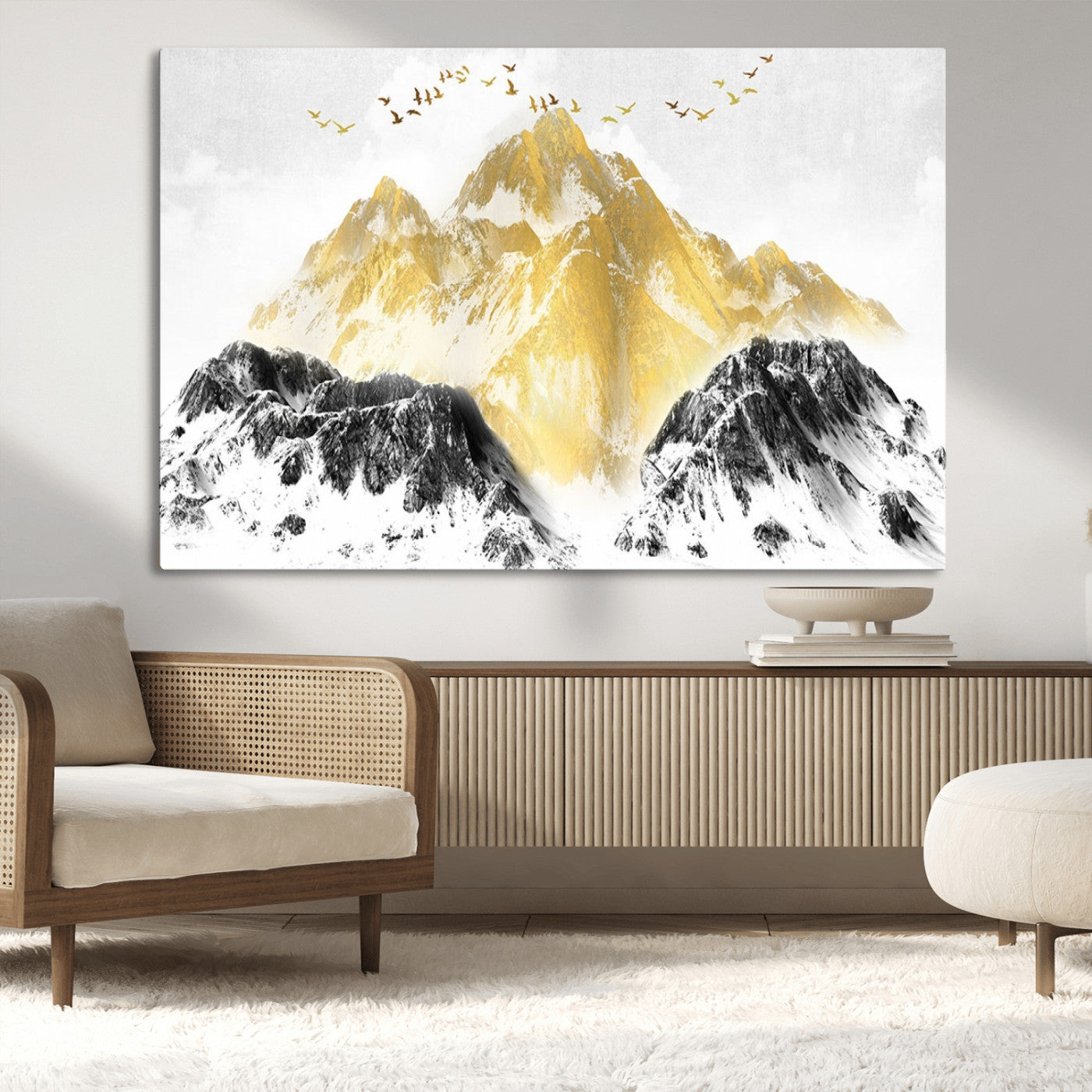 MGV-CV-36X24 - Golden Mountain Triptych Wall Art, Modern Giclee Canvas Print, Nature Landscape Decor for Living Room, Contemporary Gold and Black Wall Art