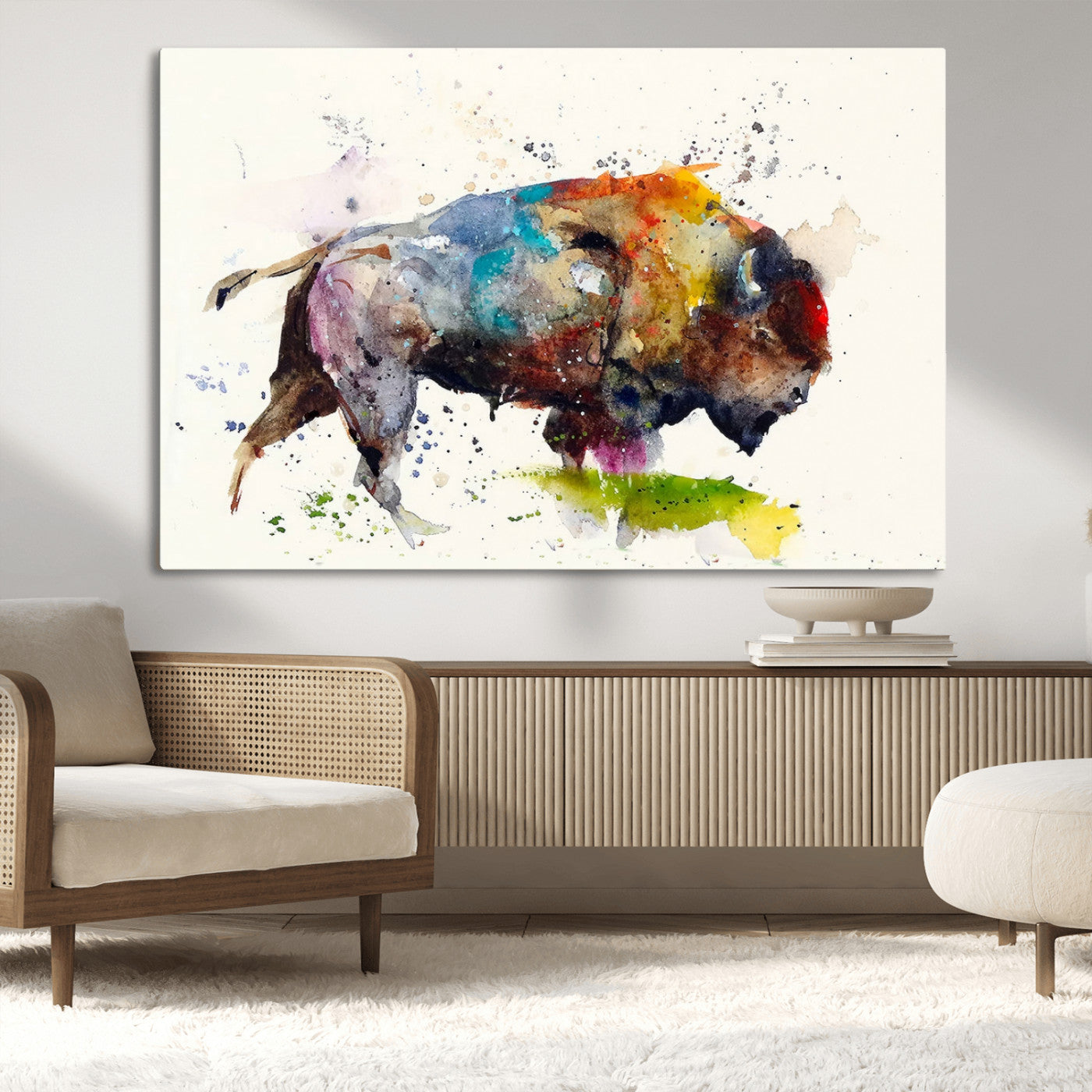 MGV-CV-36X24 - Abstract Buffalo Wall Art, Western Watercolor Bison Canvas Print, Rustic Buffalo Art for Cowboy and Western Decor, Large Multi-Panel Giclee Canvas