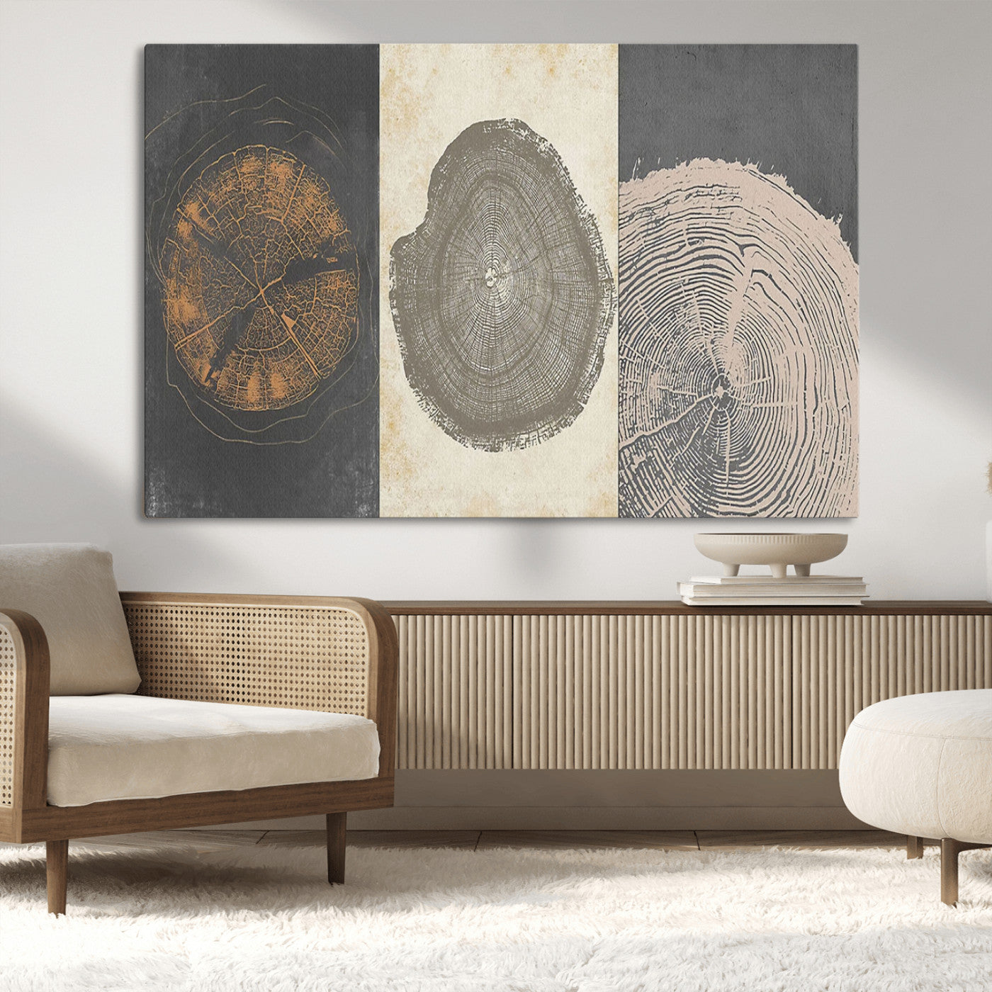 MGV-CV-36X24 - Boho Tree Ring Wall Art, Modern Minimalist Wood Grain Canvas, Tree Slice for Rustic Decor, Farmhouse
