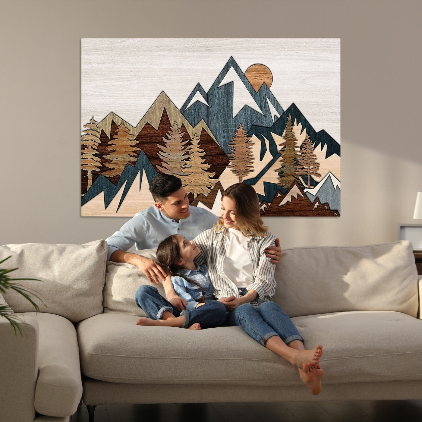 67950-MGV-CV-36X24-Rustic Abstract Wood Panel Effect Canvas Mountain Range Top Wood Wall Art Canvas Print