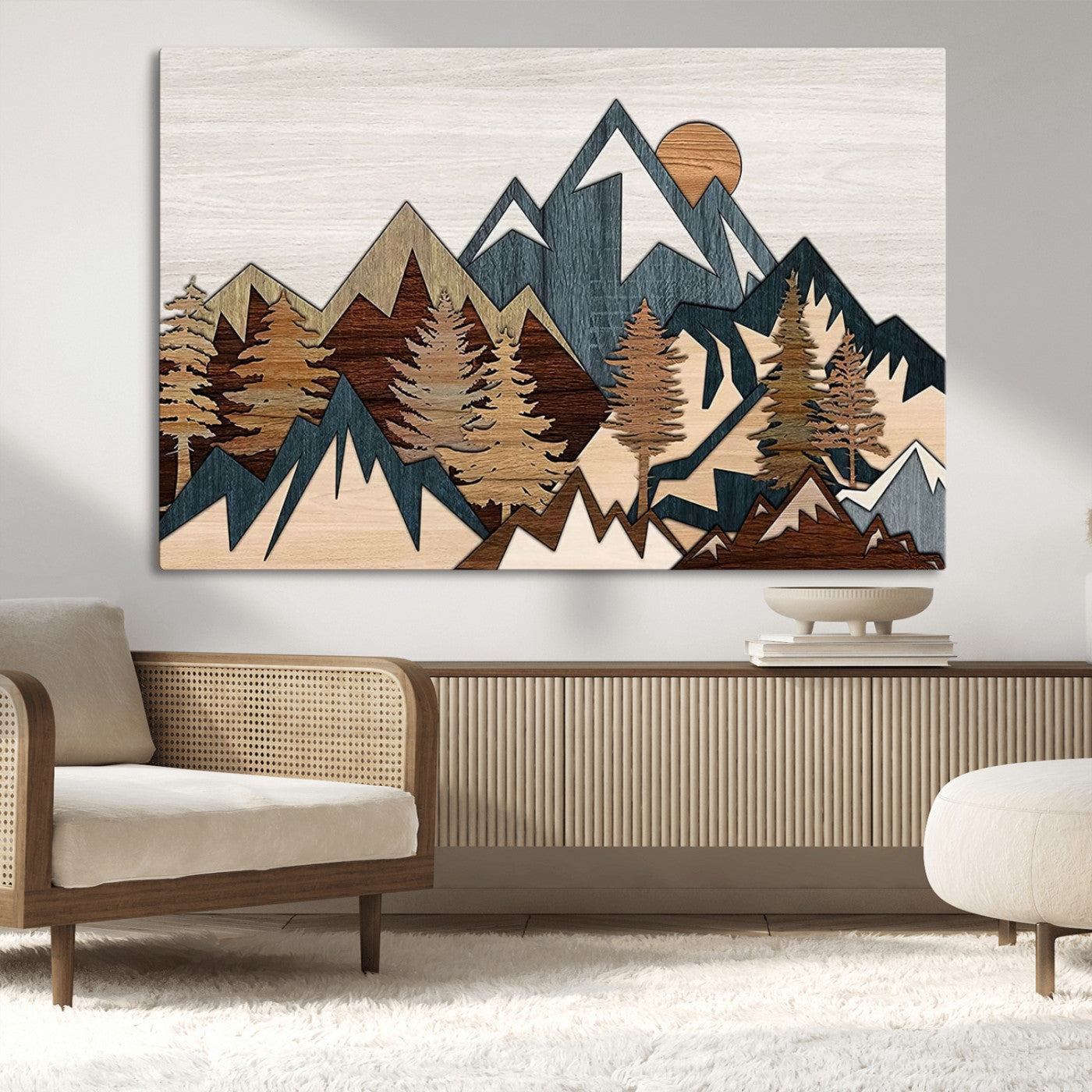 MGV-CV-36X24 - Woodland Mountain Landscape Triptych, Giclee Canvas Art for Modern Home, Rustic Wooden Nature Wall Art, Large Mountain and Tree Canvas for Living Room