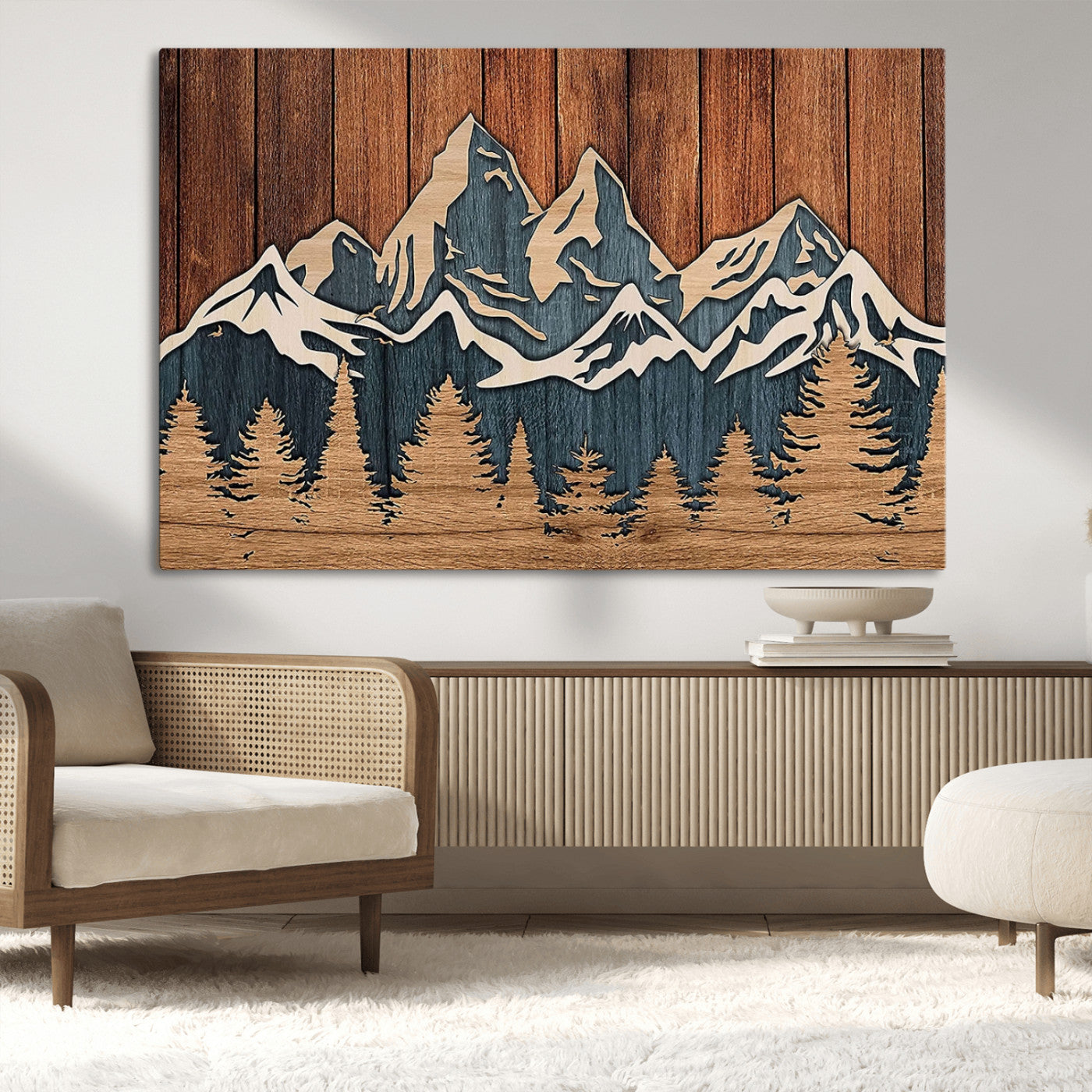 MGV-CV-36X24 - Rustic Wood Style Mountain Wall Art, Nature Forest Canvas Print, Wooden Textured Mountain Artwork, Handcrafted Landscape Decor for Farmhouse Decor