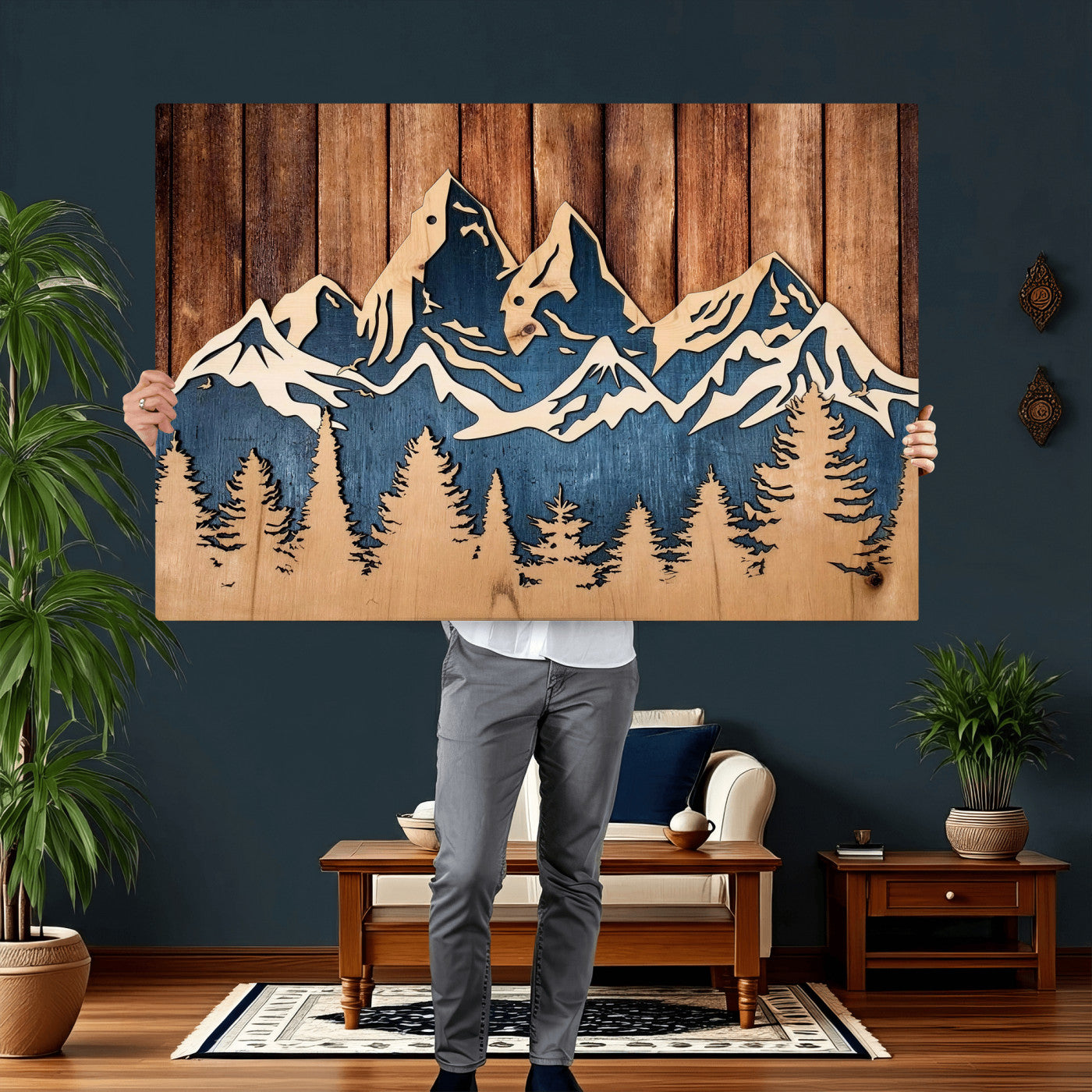 41330-MGV-CV-36X24 - Rustic Wood Style Mountain Wall Art, Nature Forest Canvas Print, Wooden Textured Mountain Artwork Print