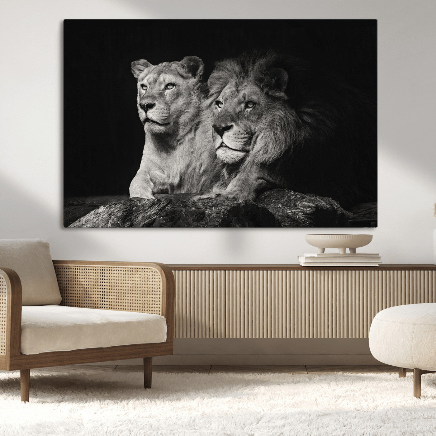MGV-CV-36X24 - Lion Couple Canvas Wall Art Print – Elegant Wildlife Portrait in Black and White Lion Family – Ready to Hang