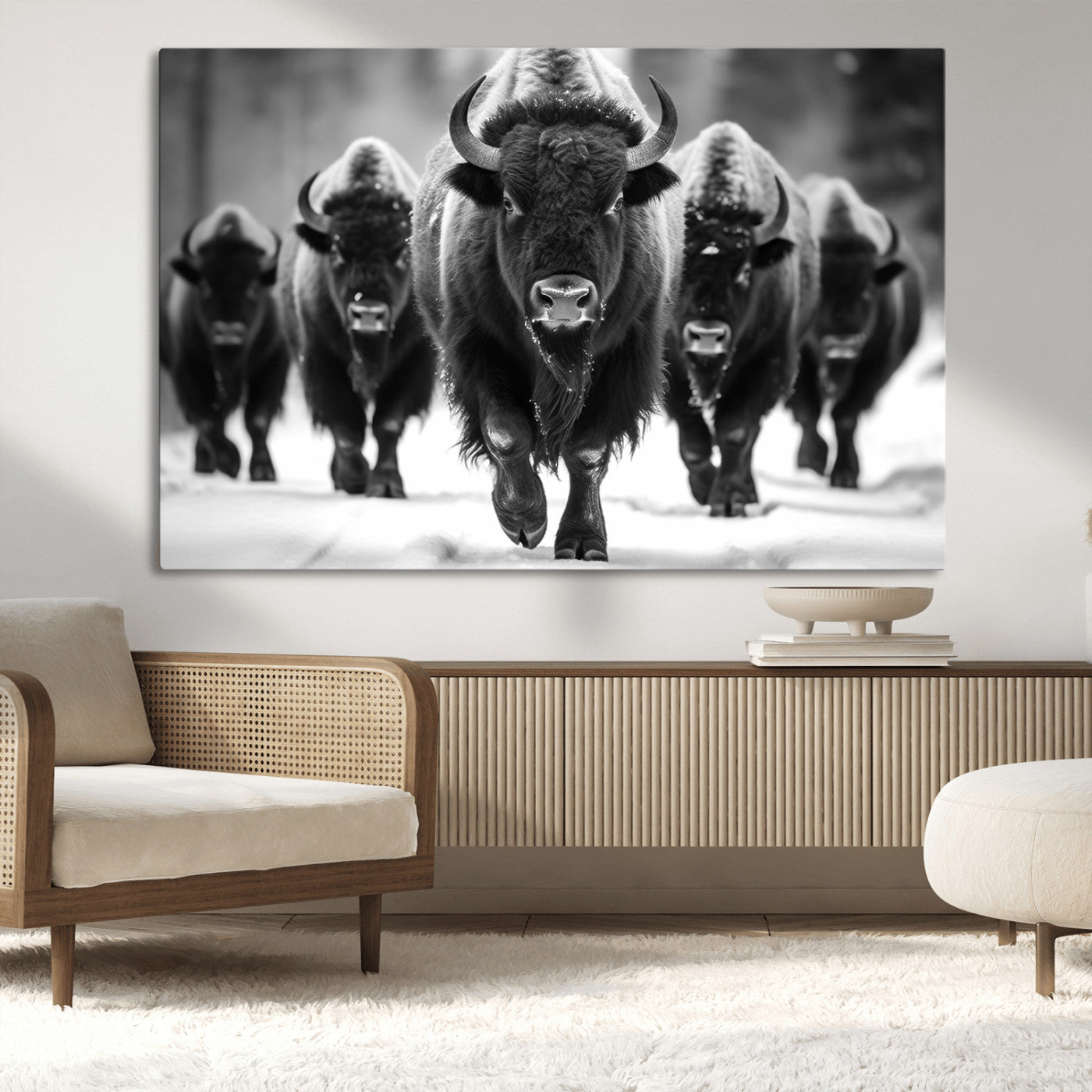 MGV-CV-36X24 - American Bison Art | Buffalo Herd Wall Art Canvas Print, BW American Bison Herd Wall Art Canvas Print