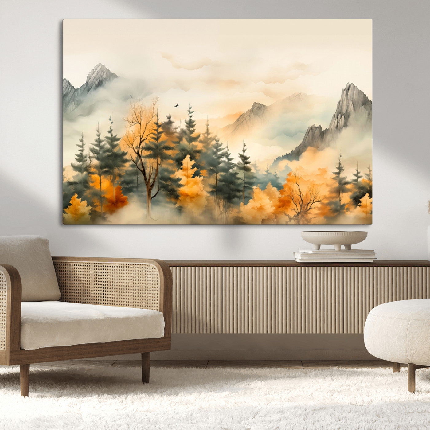 MGV-CV-36X24 - Abstract Watercolor Mountains and Trees Autumn