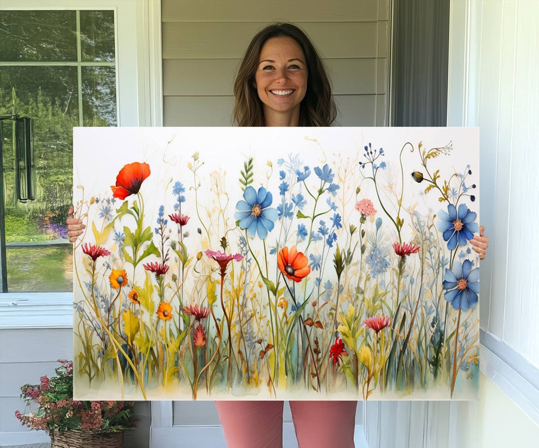 The vibrant Colorful Wildflower Canvas Wall Art adorns the wall.