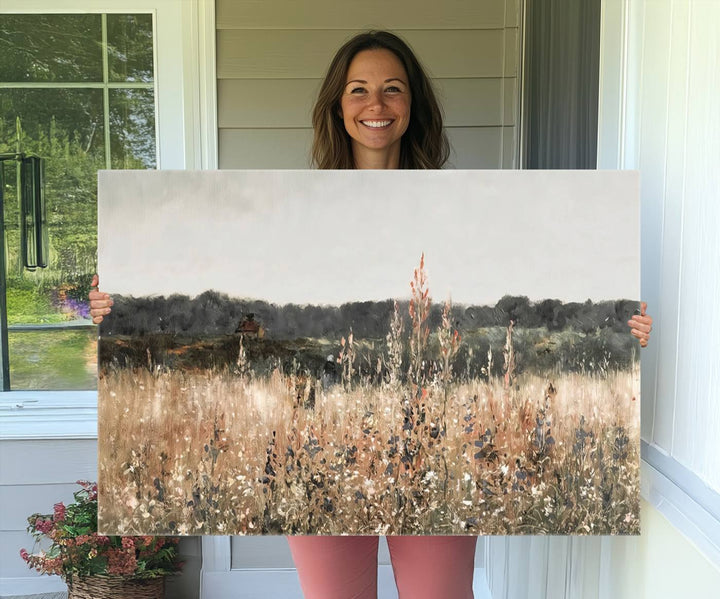 A dining room featuring the Abstract Wildflower Art Field Landscape Oil Painting Print.