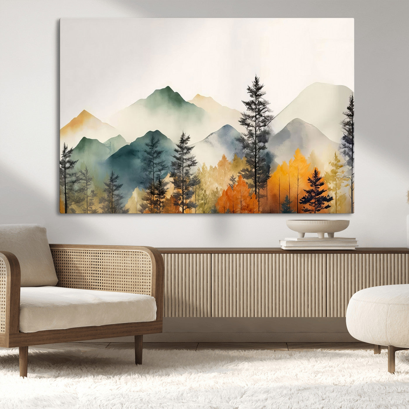 MGV-CV-36X24 - Abstract Watercolor Mountains and Trees Autumn Wall Art